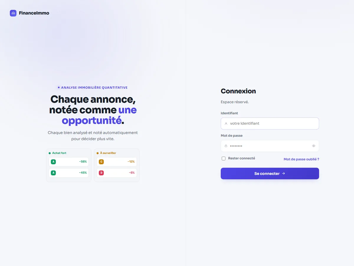 Page de connexion de FinanceImmo, un outil sur mesure qui note automatiquement les annonces immobilières